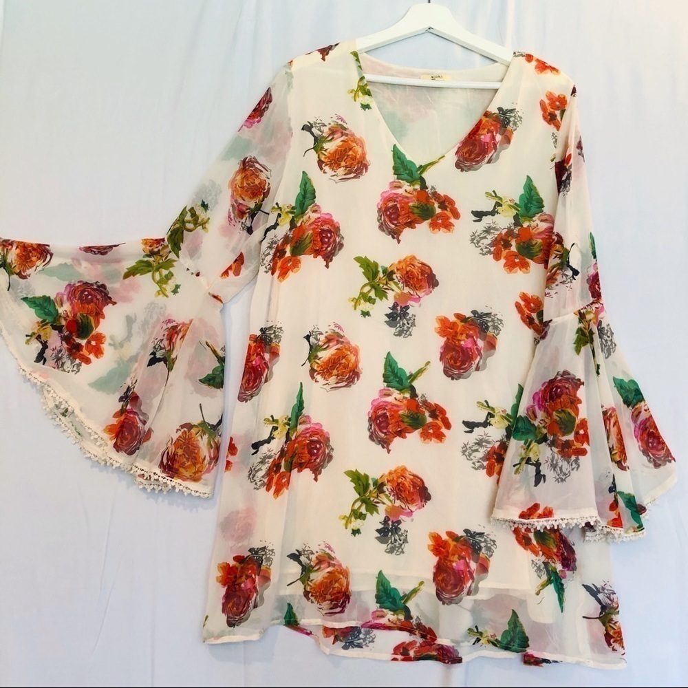 Kori America Floral Boho Bell Sleeve Dress Size M